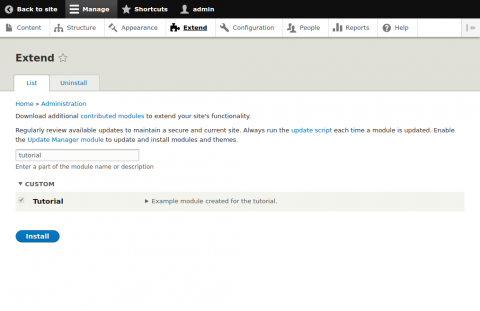 The Extend page in Drupal's admin UI